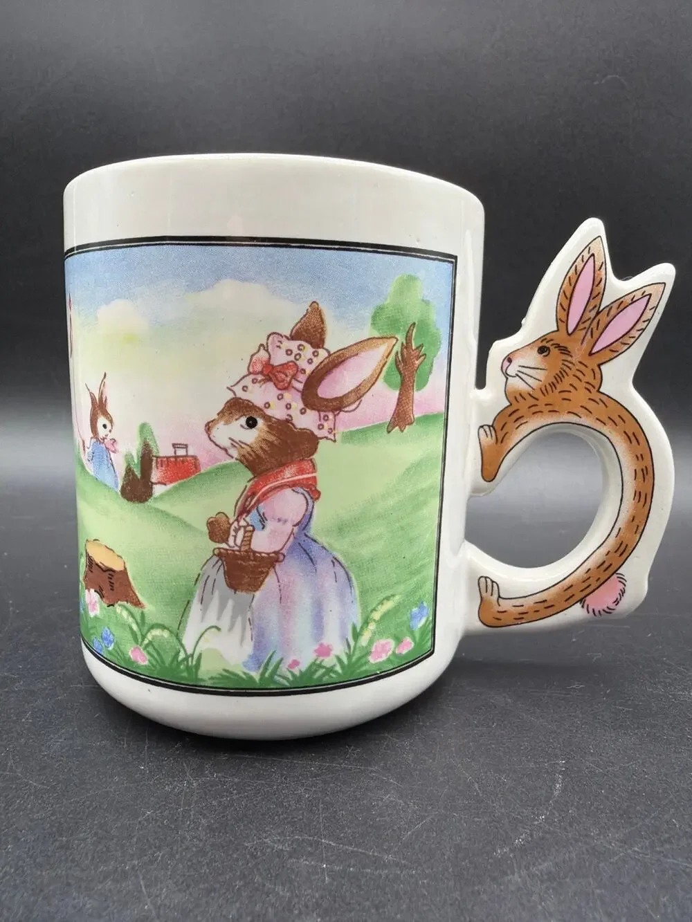 Vintage Art Mark Easter Bunny Rabbit Handle Ceramic Mug Kite Garden Scene 8 Oz